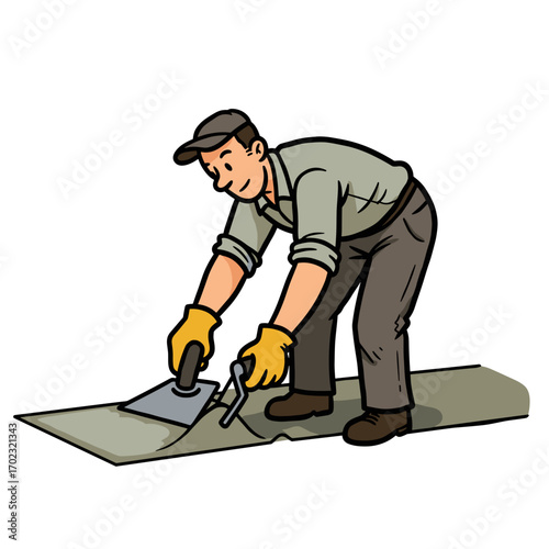 Man applying screed with trowel while working indoors on repair  