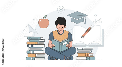 Student reading book surrounded by books apple pencil and graduation hat symbol