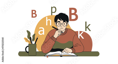 Student reading or writing and studying a book design illustrating education study concept