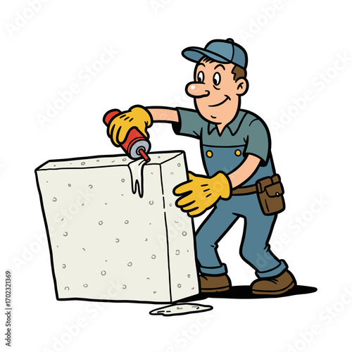 Man applying adhesive to polystyrene block in a workshop setting  