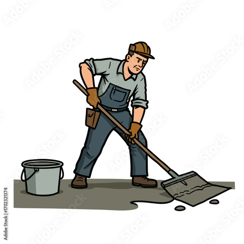 Man applying screed with shovel on construction site while working  