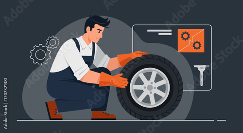 Professional Tire Repair Expert Performing Maintenance, Illustration for Automobile Service