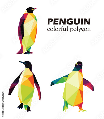 Penguin Set in Colorful low poly polygonal.  Cute Walking Penguin Icon in abstract colorful logo. Vector abstract of penguin collection.