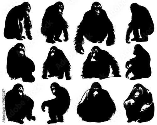 Primal Forms: Gorilla Silhouettes in Motion and Stillness, a grid of twelve black gorilla silhouettes showcasing diverse postures and gestures, from crouching and walking to sitting and standing