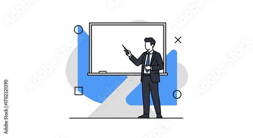 Professional Speaker Delivering Presentation With Pointer and Modern Abstract Graphics Design
