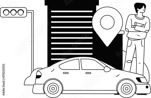 Find your car easily with modern location tracking, a driver standing by his sedan at the crosswalk near the traffic light, urban life and simple commute solution for city dwellers