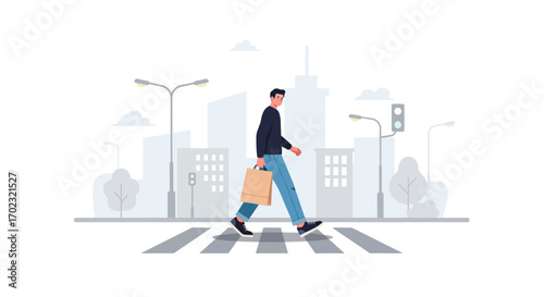 Purchaser Strolling Across Urban Zebra Crossing with Shopping Bag Amidst City Scenery