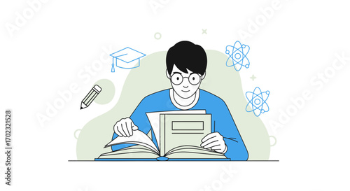 Studious Reader Engaged In Research With Books, Concept Of Education And Knowledge