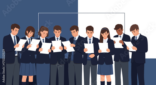 Students Inspecting Examination Papers In Uniform, A Symbol Of Diligence And Education