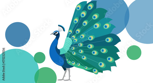 Radiant Peacock Displaying Its Colorful Plumage Amidst Abstract Bubbles Design