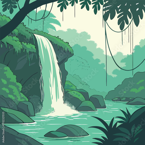 A majestic waterfall cascades into a pristine crystal clear pool surrounded by lush green foliage creating a serene and breathtaking natural landscape scene