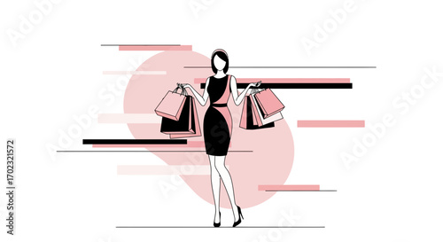 Stylish Illustration of a Woman Enjoying Shopping with Paper Bags and a Graphic Design