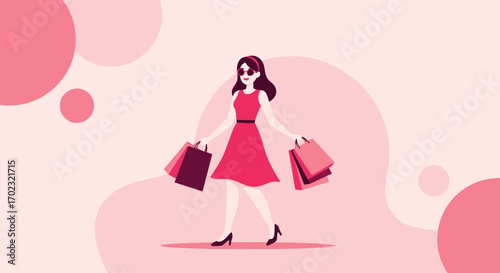 Stylish Woman Shopping with Bags in a Pink Background Illustration Design