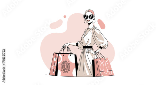 Stylish woman with shopping bags fashion illustration minimalist abstract art