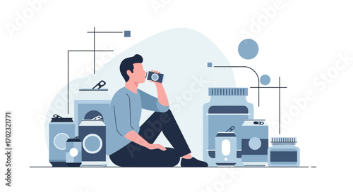 Relaxed Figure Drinking Beverage Surrounded By Cans And Bottles Illustration