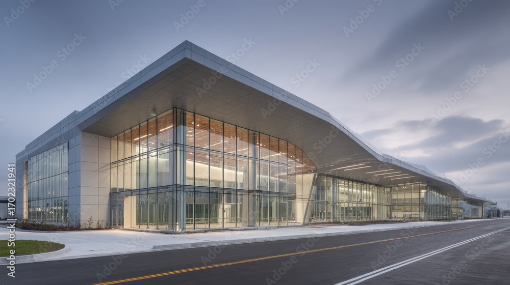 Fototapeta premium Modern Airport Terminal Exterior with Glass Facade and Sleek Architecture at Dusk, Reflecting Sky