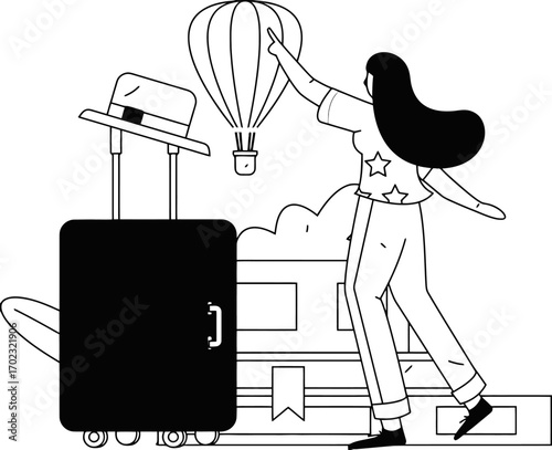 Stylish traveler points to hot air balloon with vintage suitcase and fedora, dreaming of adventure and summer vacation, a modern monochrome illustration perfect for travel blogs