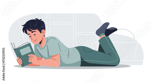 Relaxed Man Reading a Book While Lying Down on a Comfortable Couch