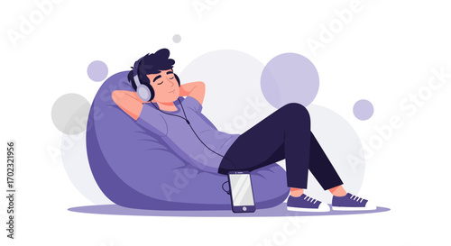 Relaxed man listening to music with headphones on a beanbag vector illustration