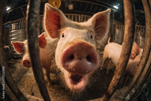 Intimate Portrait of Curious Pigs Peering from Enclosure with Wide-Angle Lens