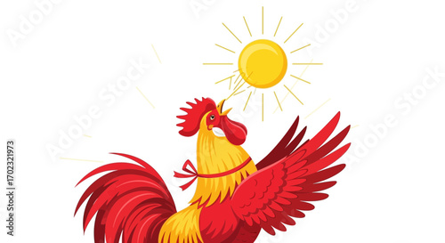 Sunrise And Early Morning Alert, Animated Illustration Of A Singing Rooster And Sun