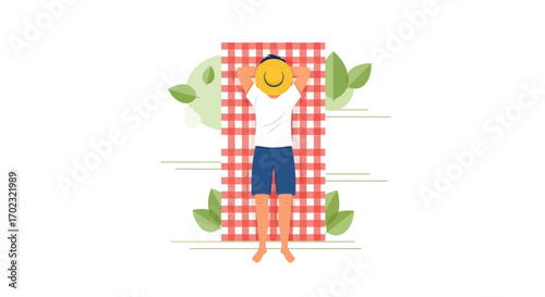 Relaxed Person Lying Down On A Blanket In Nature, Conceptual Illustration Or Image