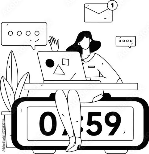 Elegant line art illustration of a woman multitasking on a laptop, responding to messages and emails while managing her time effectively, promoting productivity and a modern work style