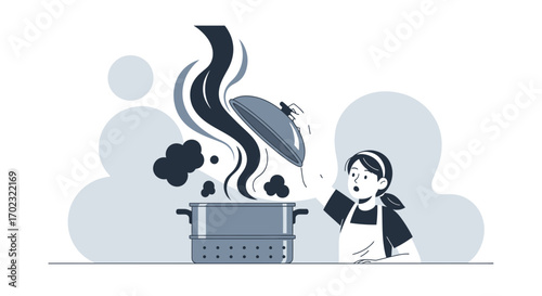 Surprised Home Cook Lifting Lid From Steaming Pot Illustration