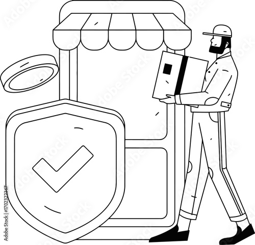 Reliable online shopping with fast delivery and secure transactions shown with a delivery person, mobile storefront, shield with checkmark, and coin in a modern outlined design