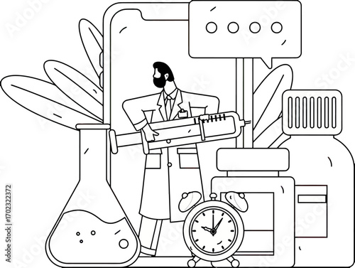 Professional doctor holding big vaccine syringe for medical health and time medication concept, offering health and medicine advice for patients in modern line art design