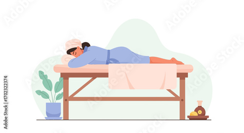 Relaxing woman enjoying spa massage treatment with aromatherapy illustration