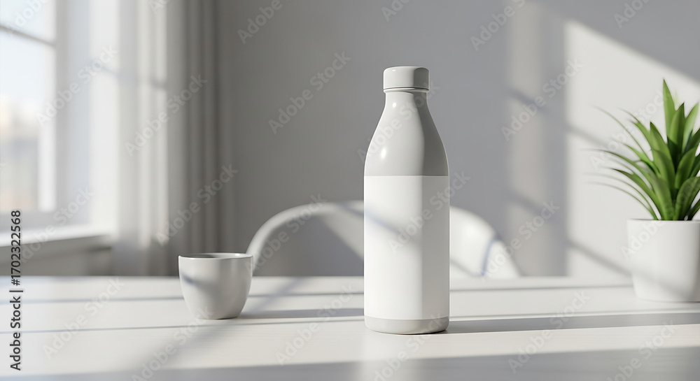 Minimalist White Bottle Mockup on Table with Plant and Sunlight Shadows Minimalist White Bottle Mockup on Table with Plant and Sunlight Shadows