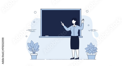 Teacher Delivering Information at Blackboard with Plants, and Aesthetic Two-Color Illustrations