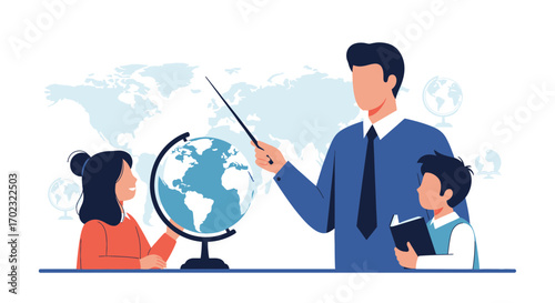 Teacher Demonstrates World Geography To Students Using Globe And Detailed World Map