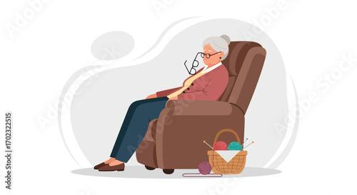Retired Lady Relaxing In Armchair With Knitting Basket Peaceful And Serene Moment