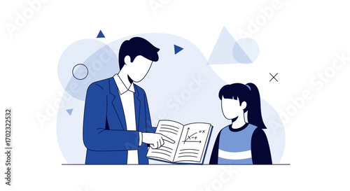 Teacher Explaining a Math Problem to a Student with a Textbook during Education