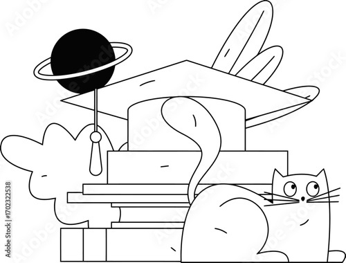 Whimsical graduation concept featuring a charming cat perched atop stacked books with a graduation cap and planetary accents, a fun and educational illustration for children's resources