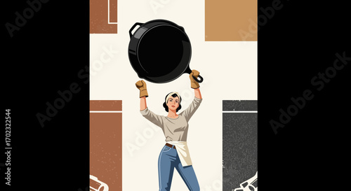 Retro illustration of a woman holding a cast iron skillet above her head