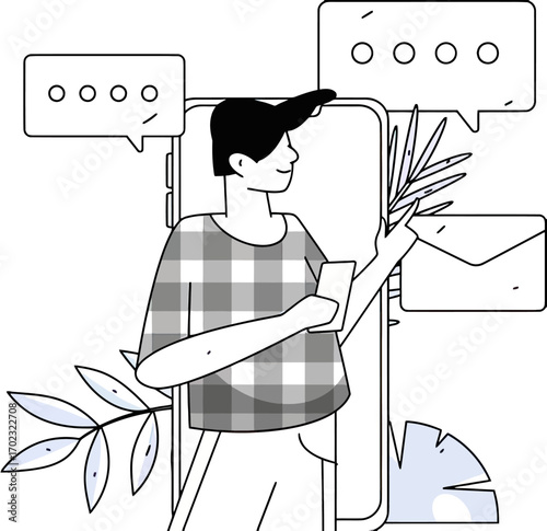 Modern illustration of a man using his phone with chat bubbles and email icon, perfect for tech startups, social media marketing, and digital communication campaigns, showcasing innovation