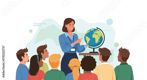 Teacher Explains Globe to Students in Classroom, Offering Geography Lesson for Education