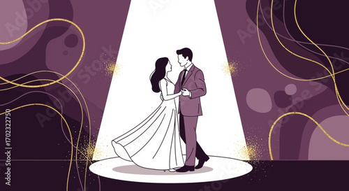 Romantic Scene: Couple Dancing Under Spotlights, Perfect for Invitations and Greetings