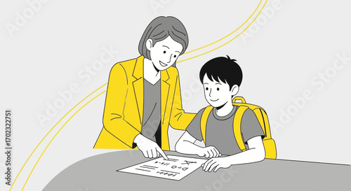 Teacher helping student check test answers illustration of education and learning concept