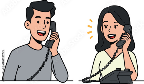 Man and woman talking on landline phones, office communication, business call conversation, professional discussion, telecommunication concept, customer service illustration