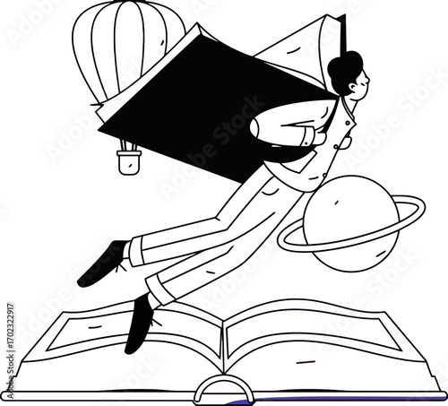 Embark on a literary journey with a visionary reader soaring through imaginative worlds, fueled by curiosity and intellect, perfect for educational and inspirational designs