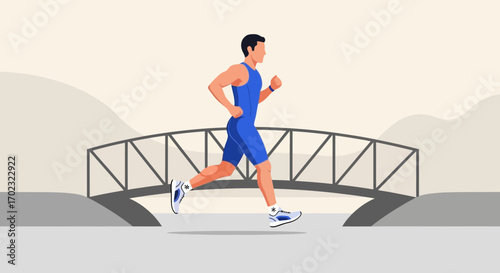 Runner Crossing Bridge: A Study In Motion, Precision, And Athleticism In Vibrant Color