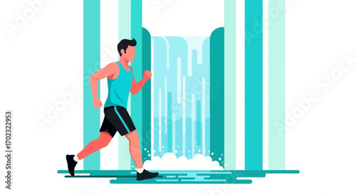 Runner Embarking On Journey Near Refreshing Waterfalls, Vector Design