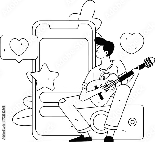 Relaxed musician playing guitar for online fans and followers in a modern social media space, spreading joy and connecting through music, digital lifestyle, black and white art