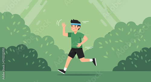 Runner waving during workout in a park: healthy lifestyle cartoon vector illustration