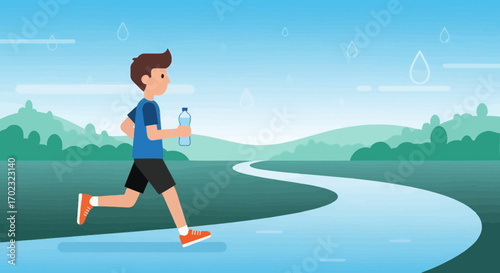 Runner With Water Bottle In Outdoor Park Doing Sport Activity For Health Illustration