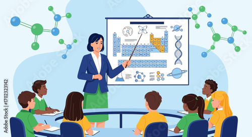 Teacher teaching chemistry to students in a classroom using a periodic table
